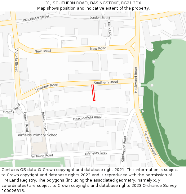 31, SOUTHERN ROAD, BASINGSTOKE, RG21 3DX: Location map and indicative extent of plot