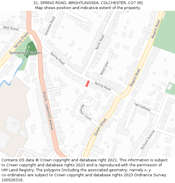 31, SPRING ROAD, BRIGHTLINGSEA, COLCHESTER, CO7 0PJ: Location map and indicative extent of plot