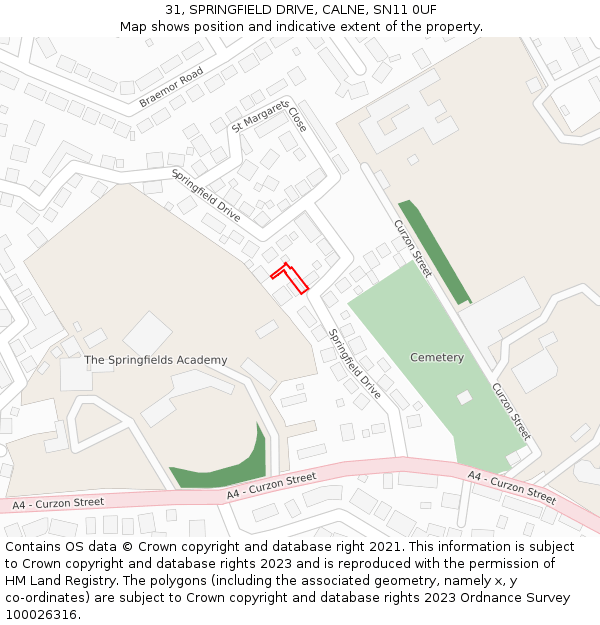 31, SPRINGFIELD DRIVE, CALNE, SN11 0UF: Location map and indicative extent of plot