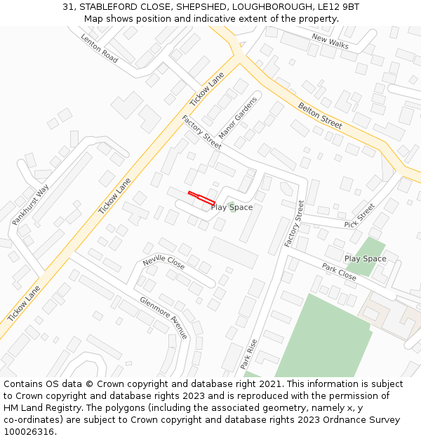 31, STABLEFORD CLOSE, SHEPSHED, LOUGHBOROUGH, LE12 9BT: Location map and indicative extent of plot