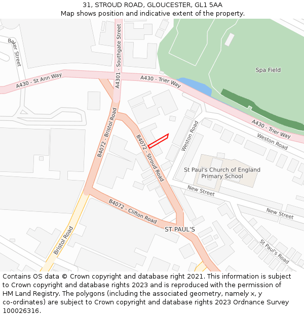 31, STROUD ROAD, GLOUCESTER, GL1 5AA: Location map and indicative extent of plot