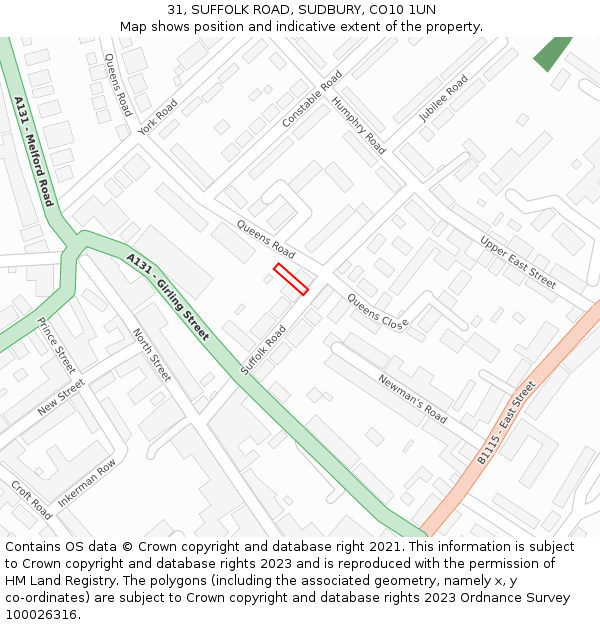 31, SUFFOLK ROAD, SUDBURY, CO10 1UN: Location map and indicative extent of plot