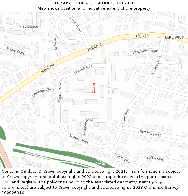 31, SUSSEX DRIVE, BANBURY, OX16 1UP: Location map and indicative extent of plot