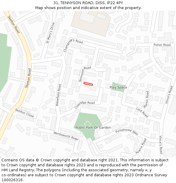 31, TENNYSON ROAD, DISS, IP22 4PY: Location map and indicative extent of plot