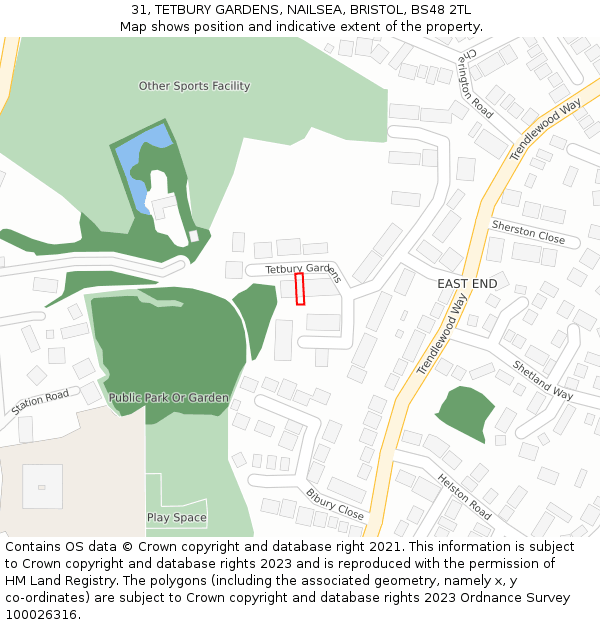 31, TETBURY GARDENS, NAILSEA, BRISTOL, BS48 2TL: Location map and indicative extent of plot