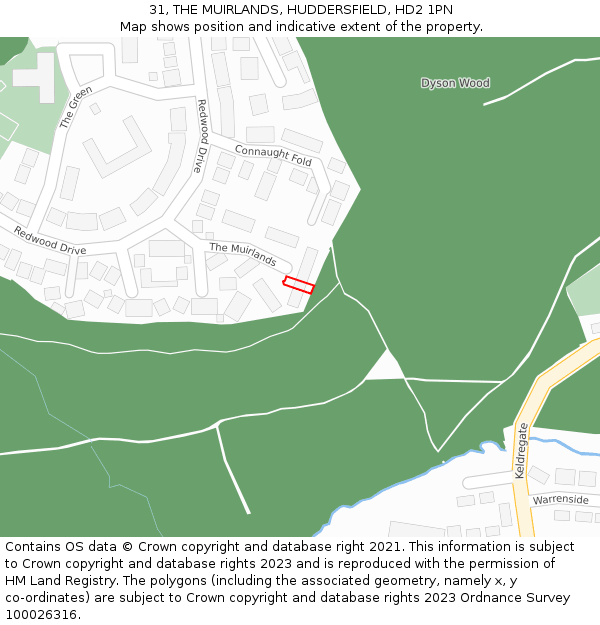 31, THE MUIRLANDS, HUDDERSFIELD, HD2 1PN: Location map and indicative extent of plot