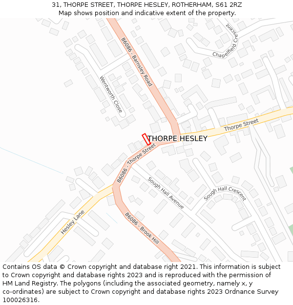 31, THORPE STREET, THORPE HESLEY, ROTHERHAM, S61 2RZ: Location map and indicative extent of plot