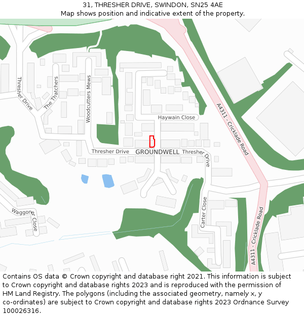 31, THRESHER DRIVE, SWINDON, SN25 4AE: Location map and indicative extent of plot