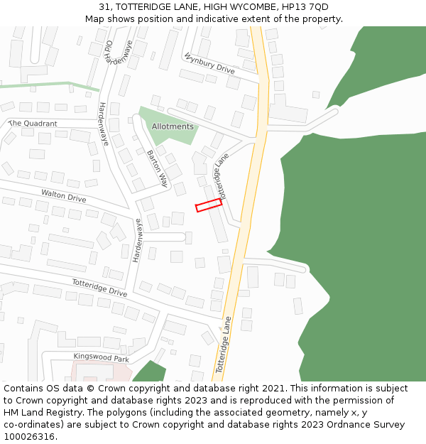 31, TOTTERIDGE LANE, HIGH WYCOMBE, HP13 7QD: Location map and indicative extent of plot