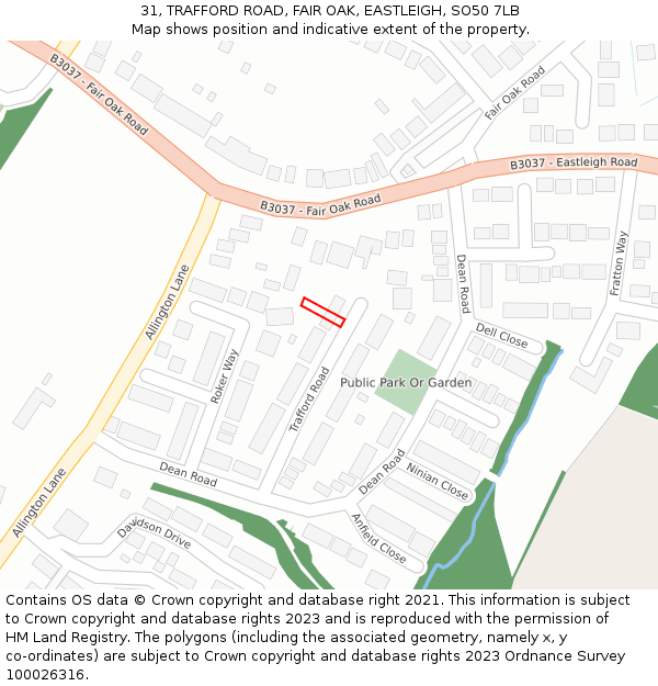 31, TRAFFORD ROAD, FAIR OAK, EASTLEIGH, SO50 7LB: Location map and indicative extent of plot