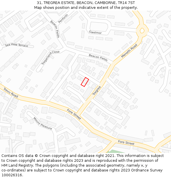 31, TREGREA ESTATE, BEACON, CAMBORNE, TR14 7ST: Location map and indicative extent of plot