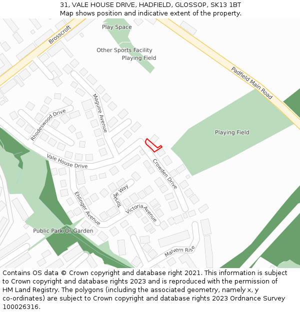31, VALE HOUSE DRIVE, HADFIELD, GLOSSOP, SK13 1BT: Location map and indicative extent of plot