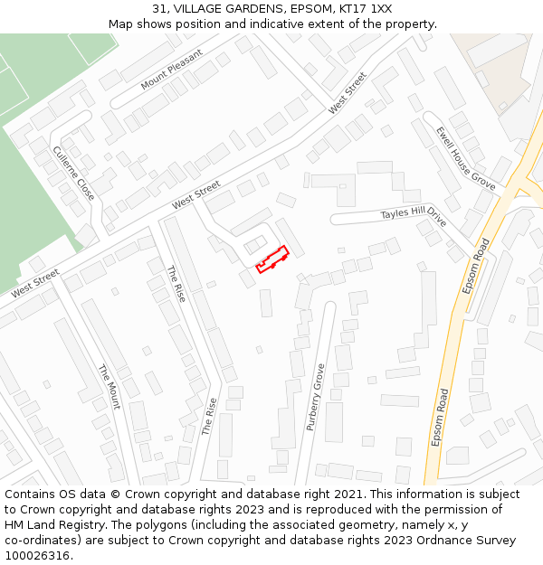 31, VILLAGE GARDENS, EPSOM, KT17 1XX: Location map and indicative extent of plot