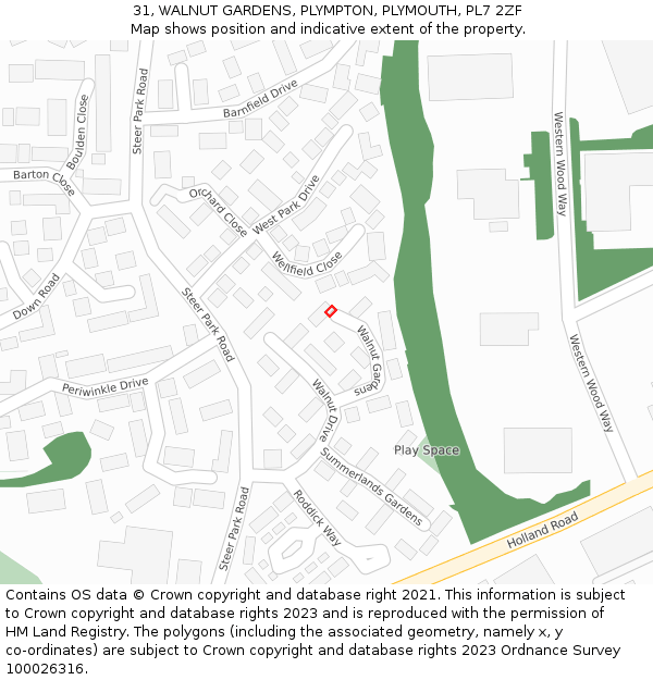 31, WALNUT GARDENS, PLYMPTON, PLYMOUTH, PL7 2ZF: Location map and indicative extent of plot
