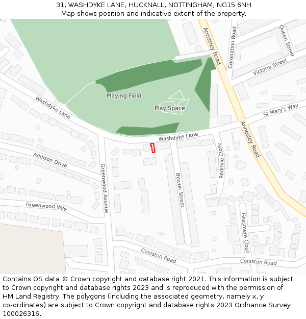 31, WASHDYKE LANE, HUCKNALL, NOTTINGHAM, NG15 6NH: Location map and indicative extent of plot