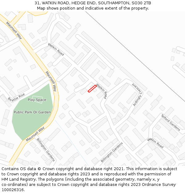 31, WATKIN ROAD, HEDGE END, SOUTHAMPTON, SO30 2TB: Location map and indicative extent of plot