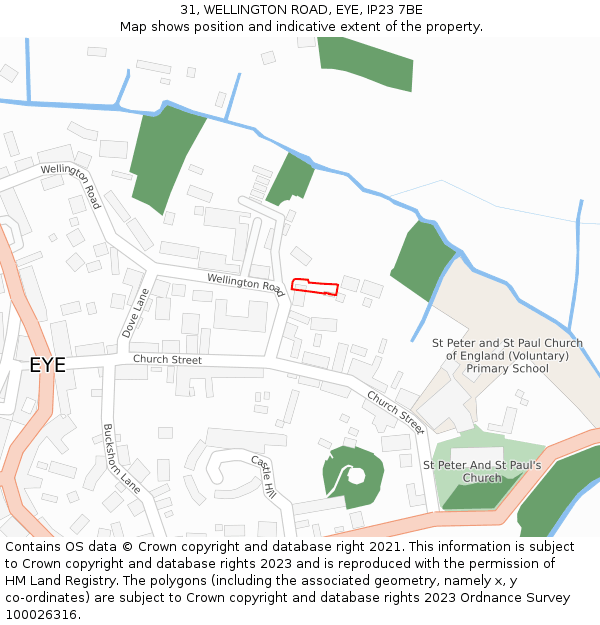 31, WELLINGTON ROAD, EYE, IP23 7BE: Location map and indicative extent of plot