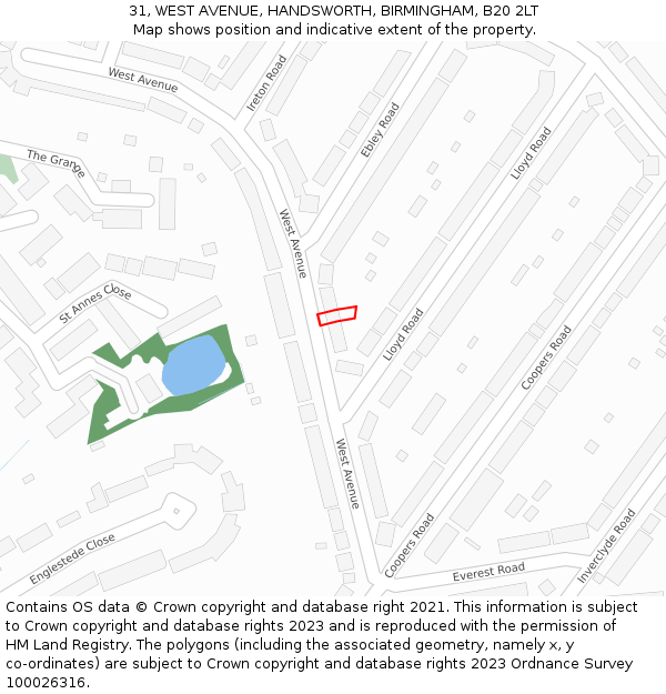 31, WEST AVENUE, HANDSWORTH, BIRMINGHAM, B20 2LT: Location map and indicative extent of plot
