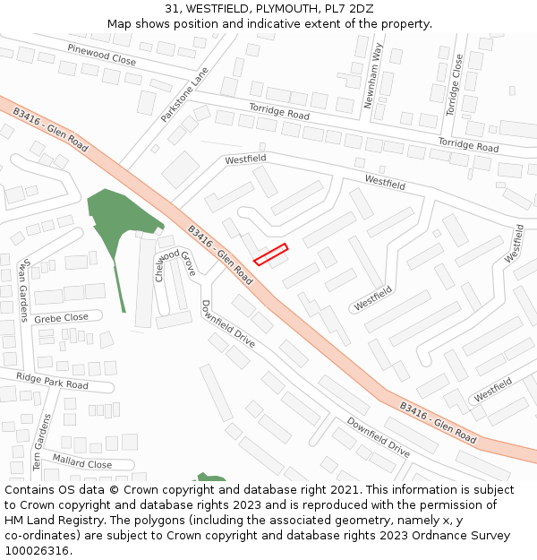 31, WESTFIELD, PLYMOUTH, PL7 2DZ: Location map and indicative extent of plot