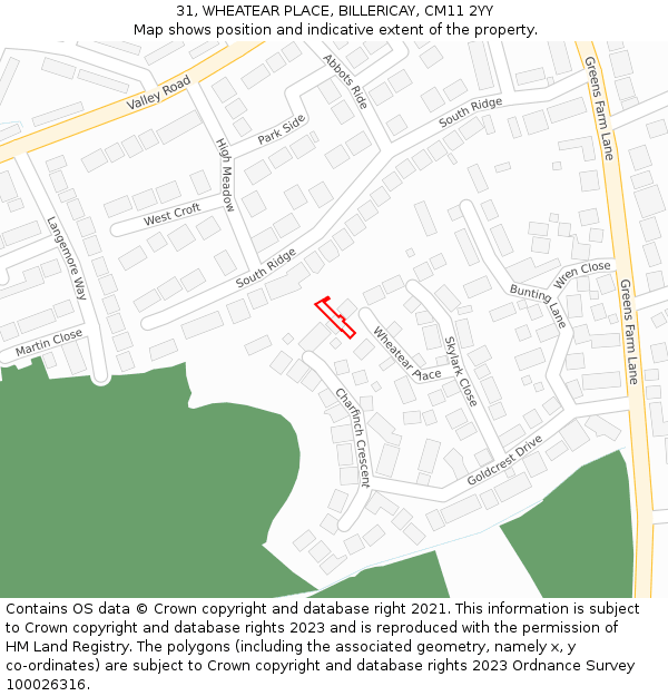 31, WHEATEAR PLACE, BILLERICAY, CM11 2YY: Location map and indicative extent of plot