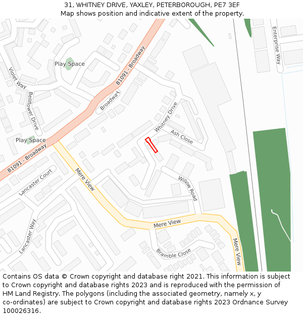 31, WHITNEY DRIVE, YAXLEY, PETERBOROUGH, PE7 3EF: Location map and indicative extent of plot