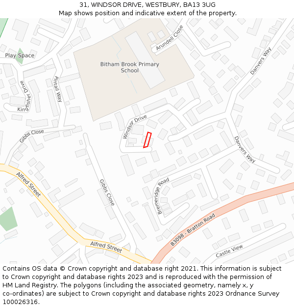 31, WINDSOR DRIVE, WESTBURY, BA13 3UG: Location map and indicative extent of plot