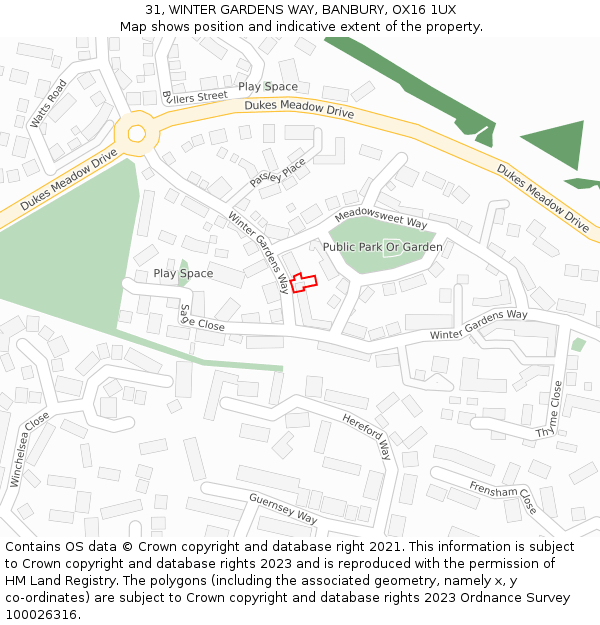31, WINTER GARDENS WAY, BANBURY, OX16 1UX: Location map and indicative extent of plot