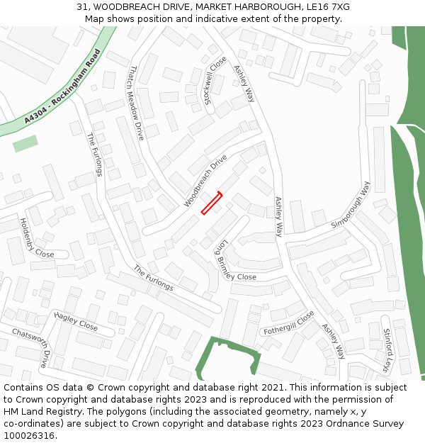 31, WOODBREACH DRIVE, MARKET HARBOROUGH, LE16 7XG: Location map and indicative extent of plot