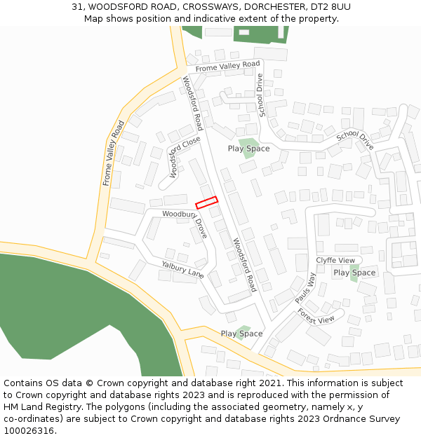 31, WOODSFORD ROAD, CROSSWAYS, DORCHESTER, DT2 8UU: Location map and indicative extent of plot