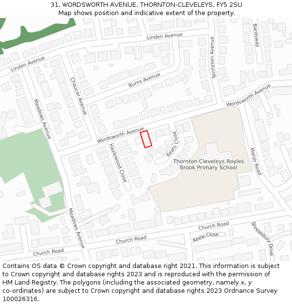 31, WORDSWORTH AVENUE, THORNTON-CLEVELEYS, FY5 2SU: Location map and indicative extent of plot
