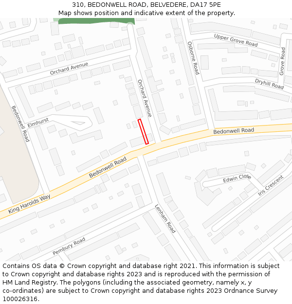 310, BEDONWELL ROAD, BELVEDERE, DA17 5PE: Location map and indicative extent of plot