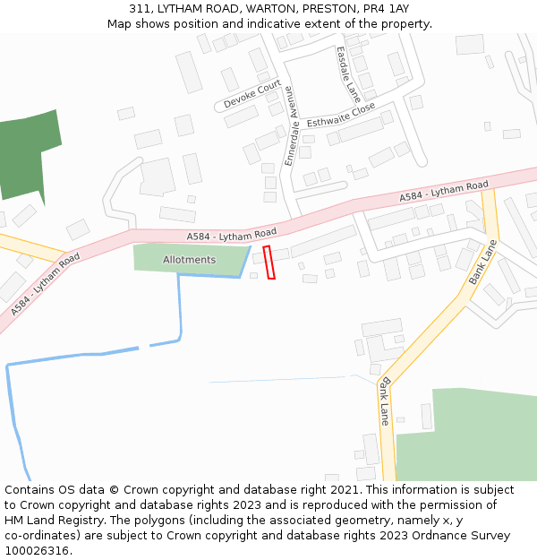 311, LYTHAM ROAD, WARTON, PRESTON, PR4 1AY: Location map and indicative extent of plot