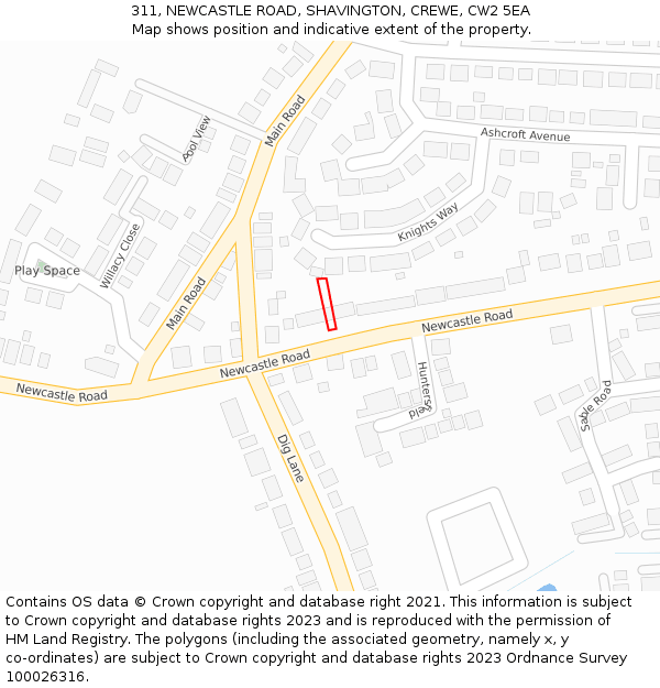 311, NEWCASTLE ROAD, SHAVINGTON, CREWE, CW2 5EA: Location map and indicative extent of plot