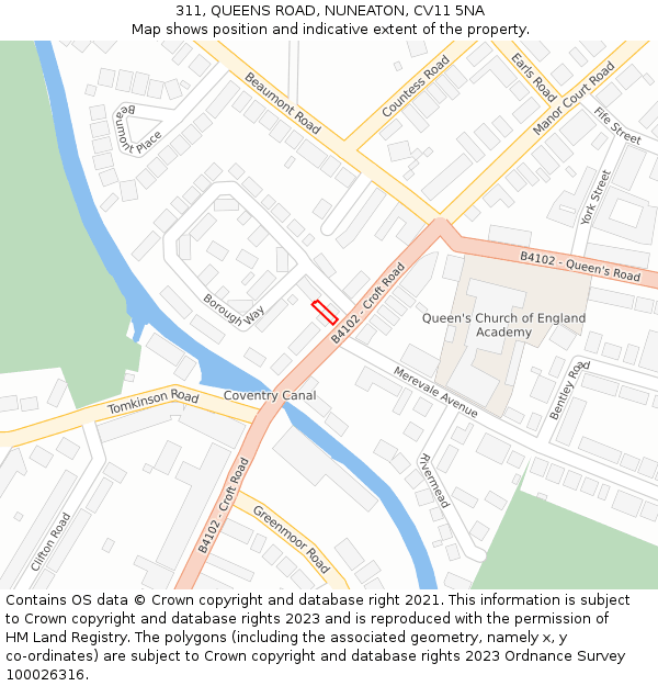 311, QUEENS ROAD, NUNEATON, CV11 5NA: Location map and indicative extent of plot