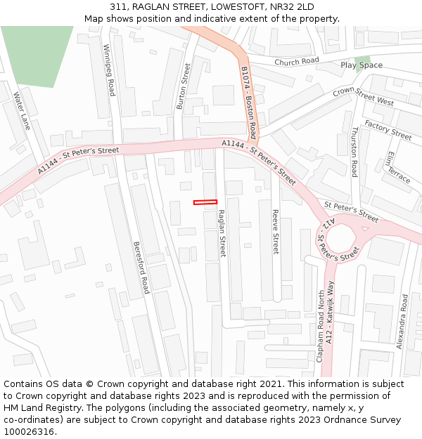 311, RAGLAN STREET, LOWESTOFT, NR32 2LD: Location map and indicative extent of plot