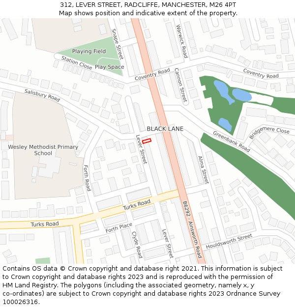 312, LEVER STREET, RADCLIFFE, MANCHESTER, M26 4PT: Location map and indicative extent of plot