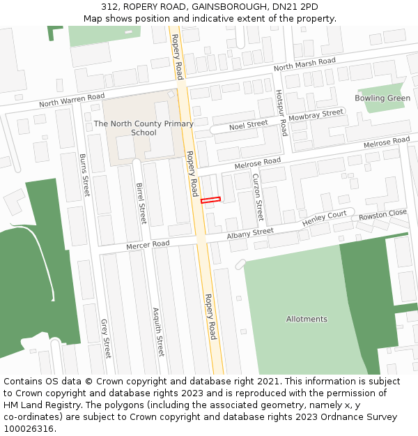 312, ROPERY ROAD, GAINSBOROUGH, DN21 2PD: Location map and indicative extent of plot