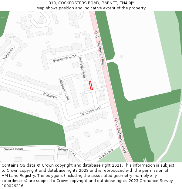 313, COCKFOSTERS ROAD, BARNET, EN4 0JY: Location map and indicative extent of plot