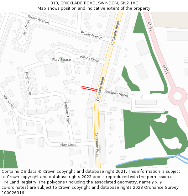 313, CRICKLADE ROAD, SWINDON, SN2 1AG: Location map and indicative extent of plot