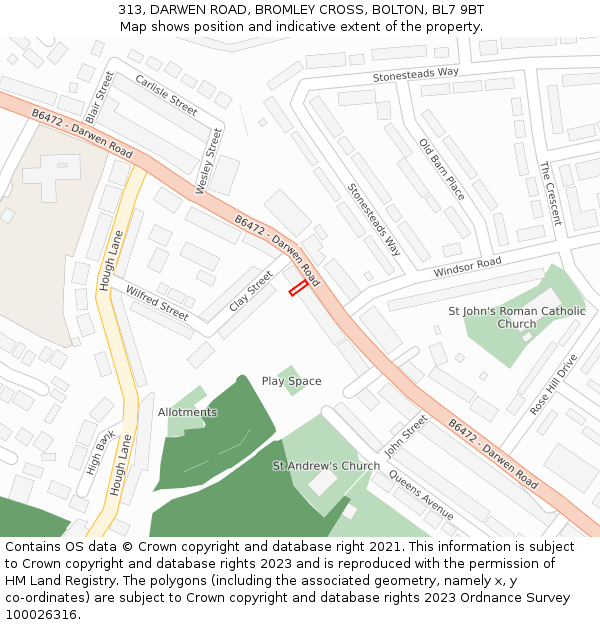 313, DARWEN ROAD, BROMLEY CROSS, BOLTON, BL7 9BT: Location map and indicative extent of plot