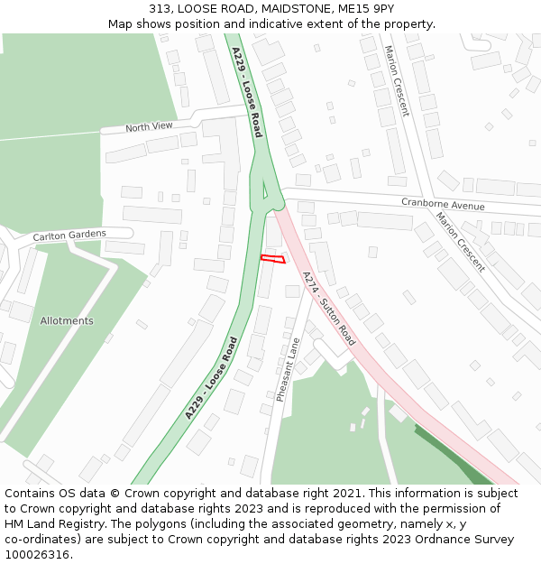 313, LOOSE ROAD, MAIDSTONE, ME15 9PY: Location map and indicative extent of plot