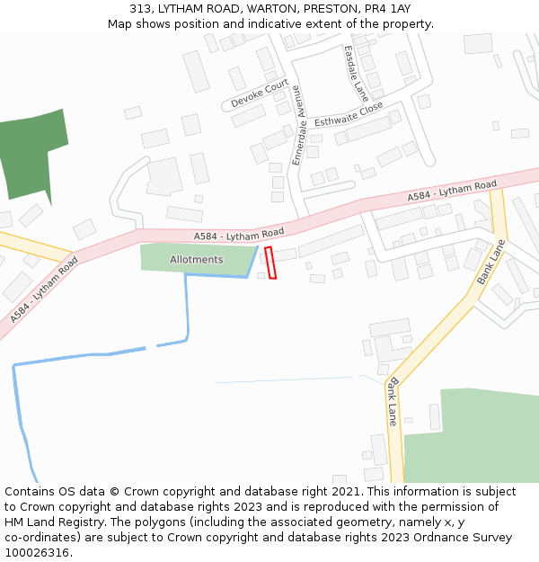 313, LYTHAM ROAD, WARTON, PRESTON, PR4 1AY: Location map and indicative extent of plot