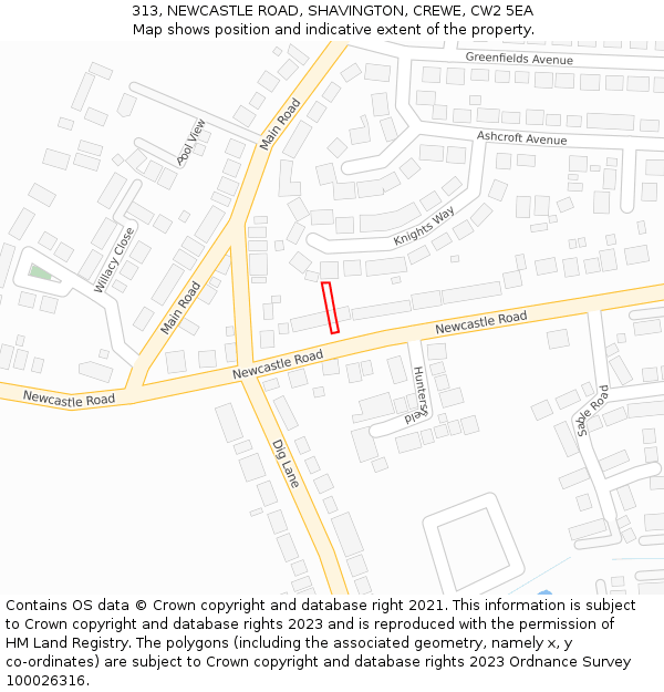 313, NEWCASTLE ROAD, SHAVINGTON, CREWE, CW2 5EA: Location map and indicative extent of plot