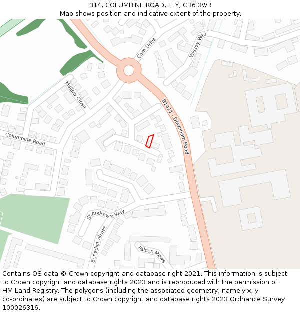 314, COLUMBINE ROAD, ELY, CB6 3WR: Location map and indicative extent of plot