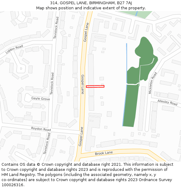 314, GOSPEL LANE, BIRMINGHAM, B27 7AJ: Location map and indicative extent of plot