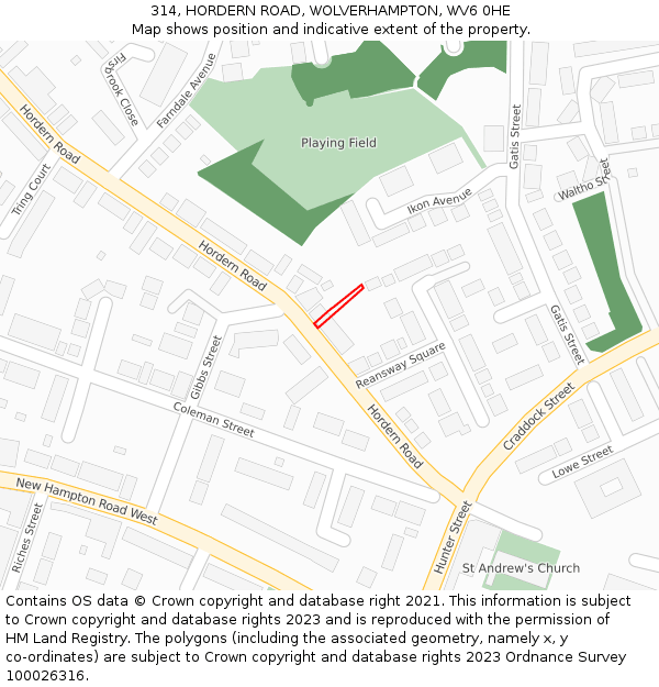 314, HORDERN ROAD, WOLVERHAMPTON, WV6 0HE: Location map and indicative extent of plot