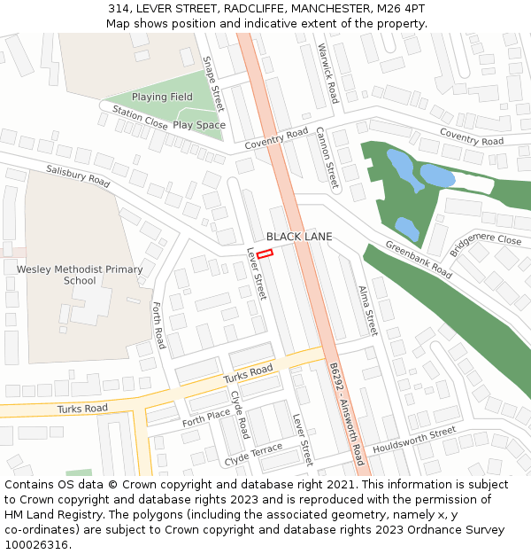 314, LEVER STREET, RADCLIFFE, MANCHESTER, M26 4PT: Location map and indicative extent of plot