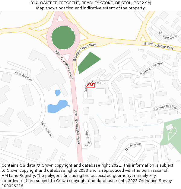 314, OAKTREE CRESCENT, BRADLEY STOKE, BRISTOL, BS32 9AJ: Location map and indicative extent of plot