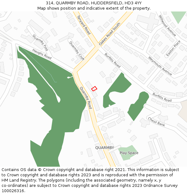 314, QUARMBY ROAD, HUDDERSFIELD, HD3 4YY: Location map and indicative extent of plot