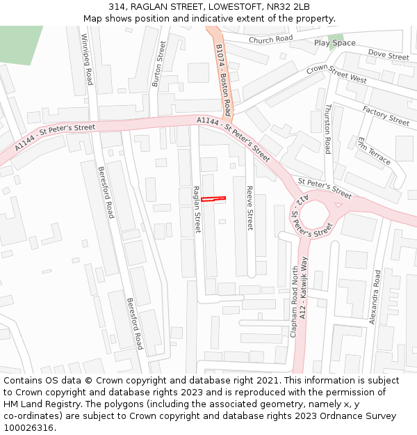 314, RAGLAN STREET, LOWESTOFT, NR32 2LB: Location map and indicative extent of plot